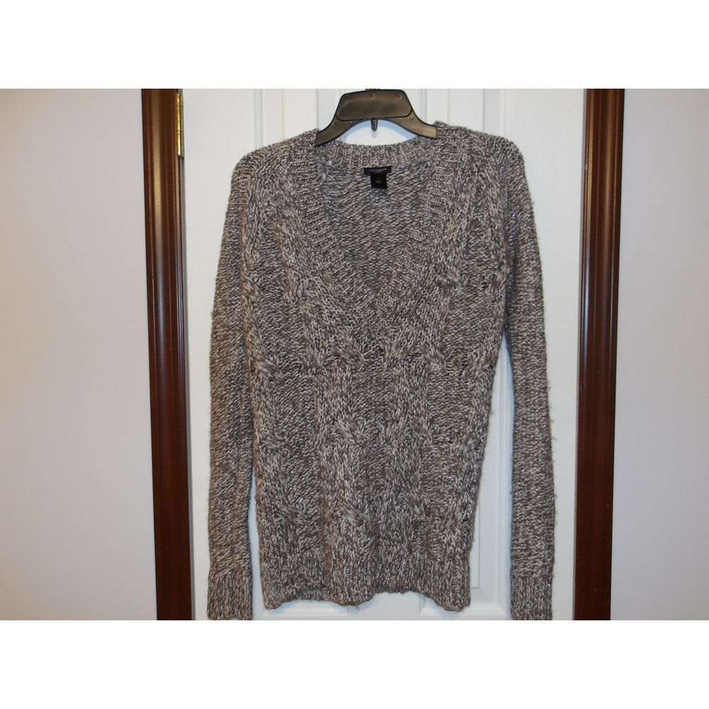 Ann Taylor Marled Gray V-Neck Knit Sweater Long Sleeve Cozy Winter Pullover